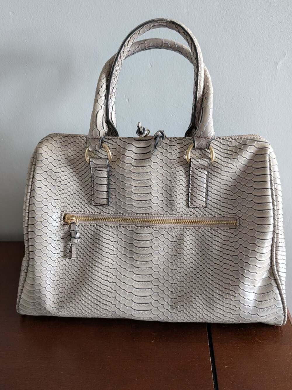Grey Snake-Print Textured Handbag